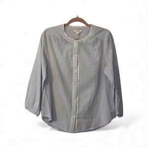 LUCKY BRAND Cotton Button Front Baby Blue pinstripe Lace trim blouse Sz Small
